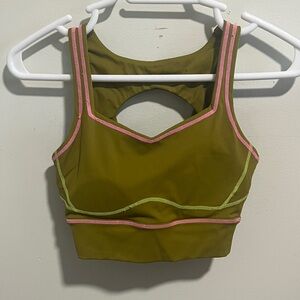 BuffBunny Olive Green Sports Bra with Pink & Lime Trim